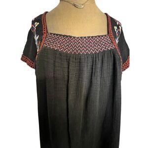 Black Cotton Gauze Embroidered Boho lined Midi Dress LG Square Neck Short Sleeve